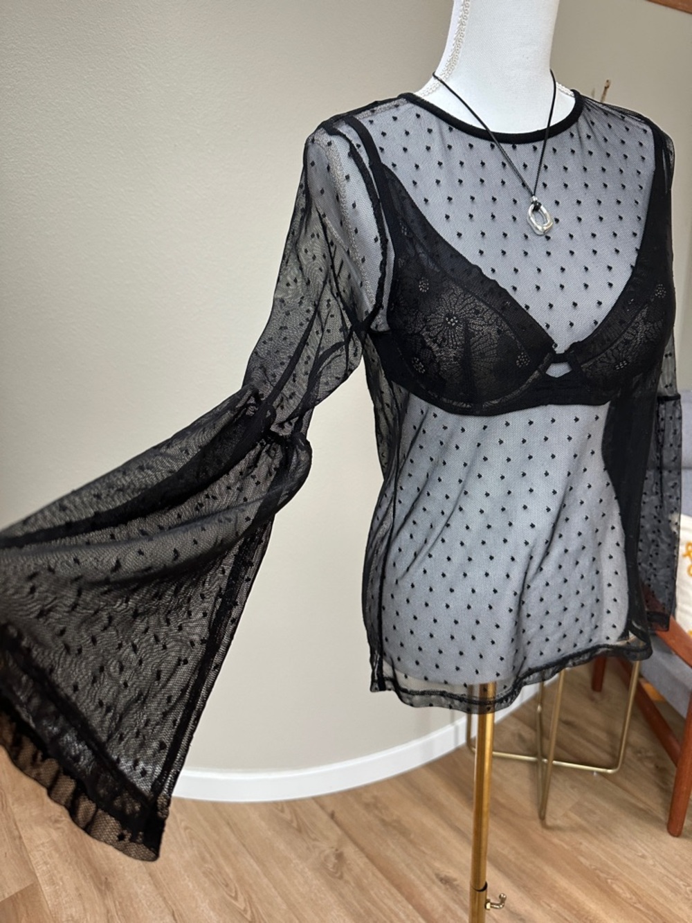Whimsigoth sheer black Swiss dot long sleeve top with bell sleeves - Picture 2 of 8